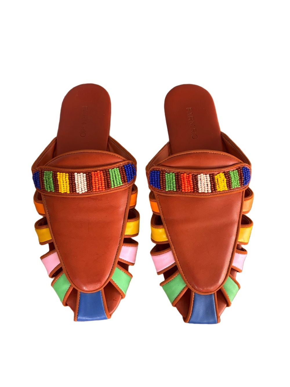 Farm Rio Rust Rainbow Beaded Mule Slides Boho Brazilian size 8.5